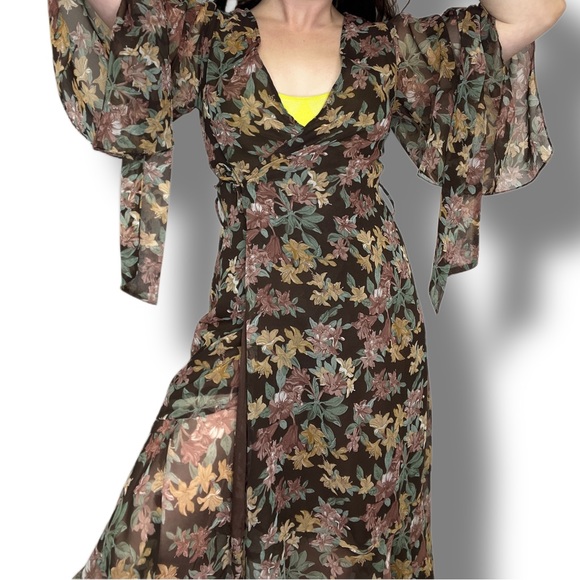 Vintage 1970s One of a Kind Brown Floral Semi-Sheer Wrap Dress - Picture 3 of 11